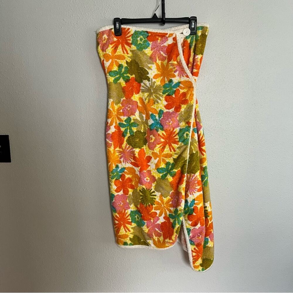 Vintage Wraparong Midcentury Modern Yellow Orange Floral Terry Towel Dress sz S